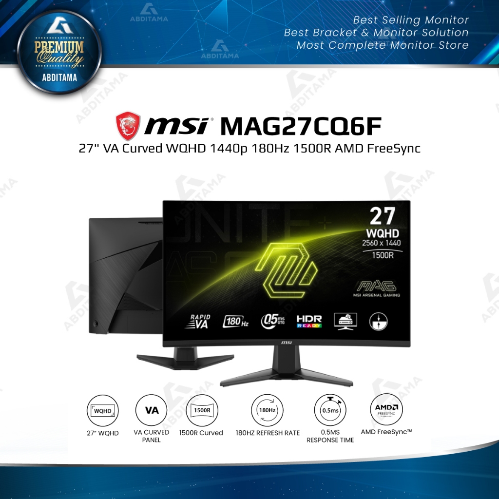 Monitor Gaming LED MSI MAG27CQ6F 27" Rapid VA Curved WQHD 2k 1440p 180Hz 0.5ms HDMIx2 DPx1 1500R 16: