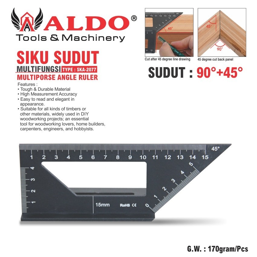 SIKU SUDUT MULTIFUNGSI SUDUT 90 DERAJAT + 45 DERAJAT SKA-2077 / SIKU TUKANG / PENGGARIS POLA / MULTI