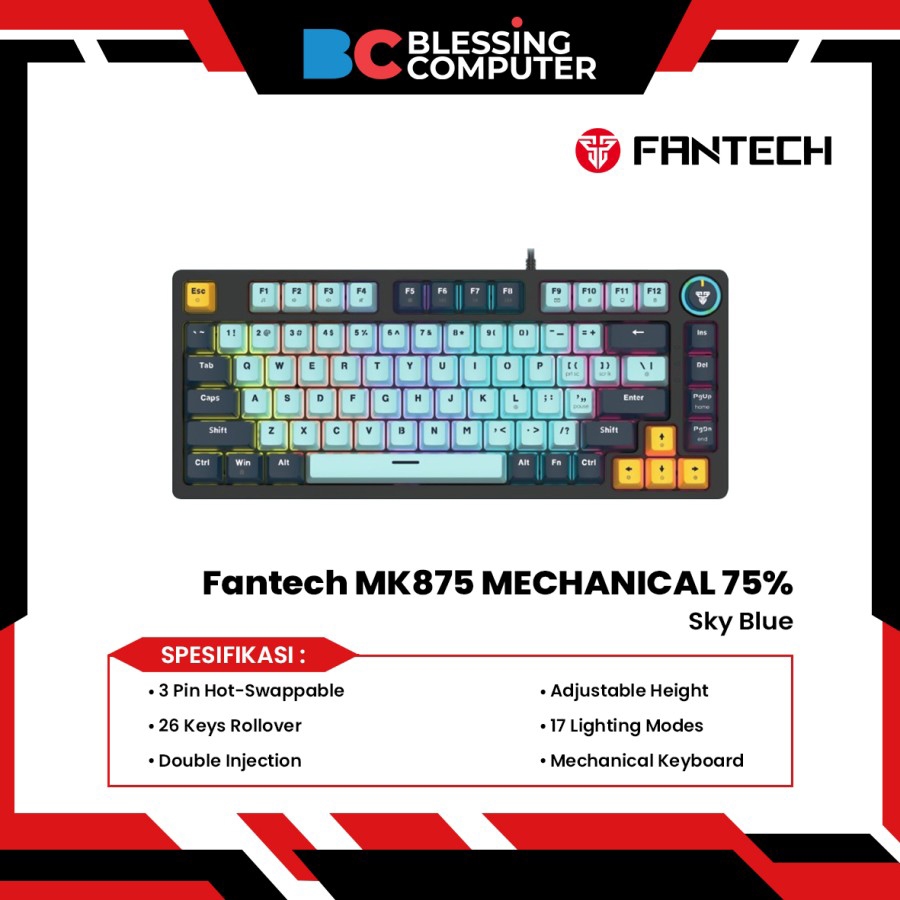 Keyboard Gaming Fantech MK875 MECHANICAL 75% Sky Blue Switch Blue