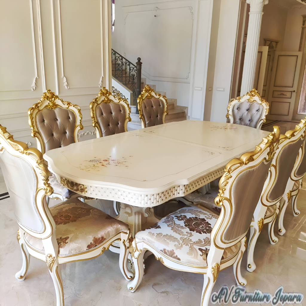 Meja makan Mewah Ukiran klasik Kursi 8