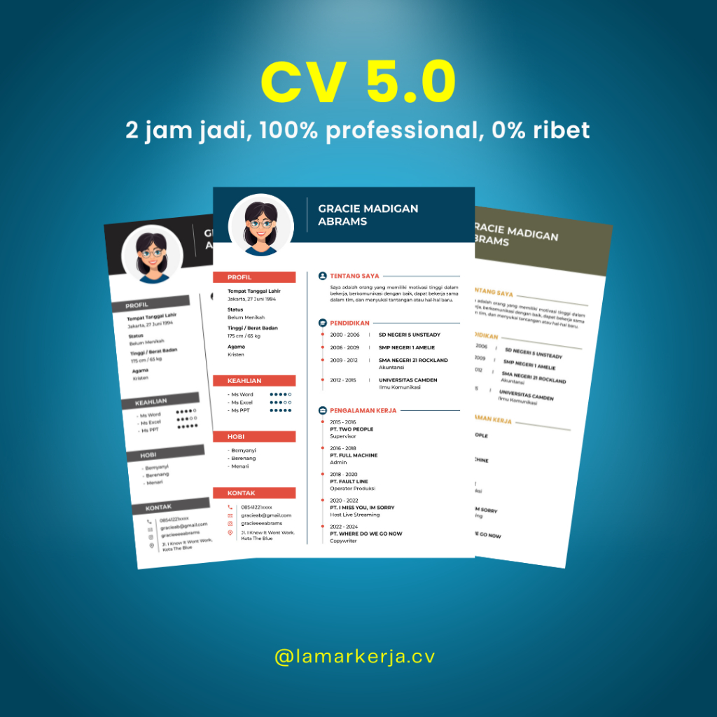 Jasa Pembuatan Curriculum Vitae (CV) / CV Lamaran Kerja / Joki CV / Bikin CV Cepat (Desain 5.0)