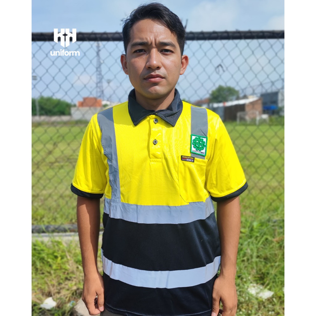 BAJU KERJA PROYEK/ POLO SAFETY/ lapangan/ outdoor/ kaos atasan lengan pendek warna kuning hitam stri