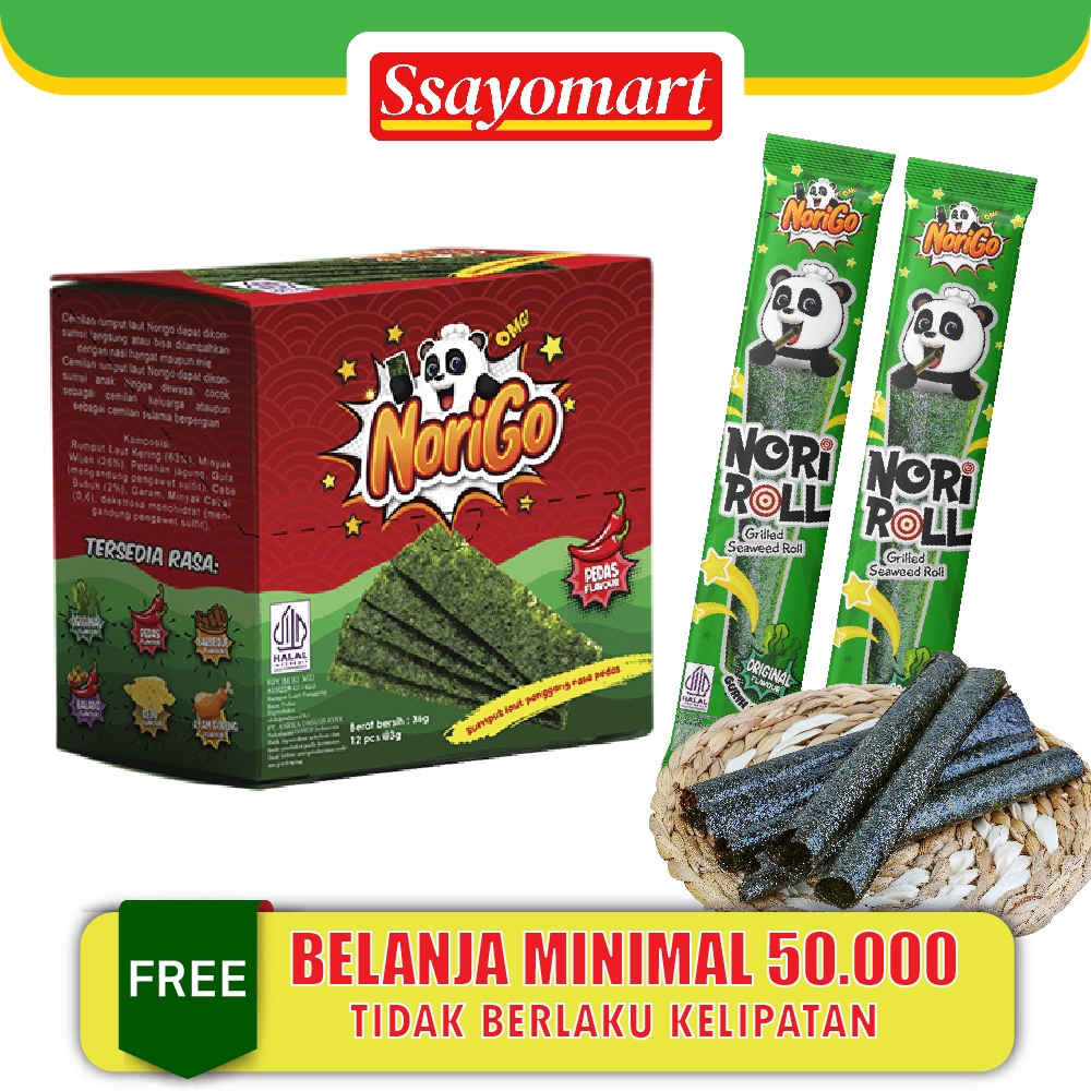 

Norigo (1 BOX ISI 12 PCS) / Nori Sachet Spicy Seaweed Snack 3g Rumput Laut Halal Rasa Pedas