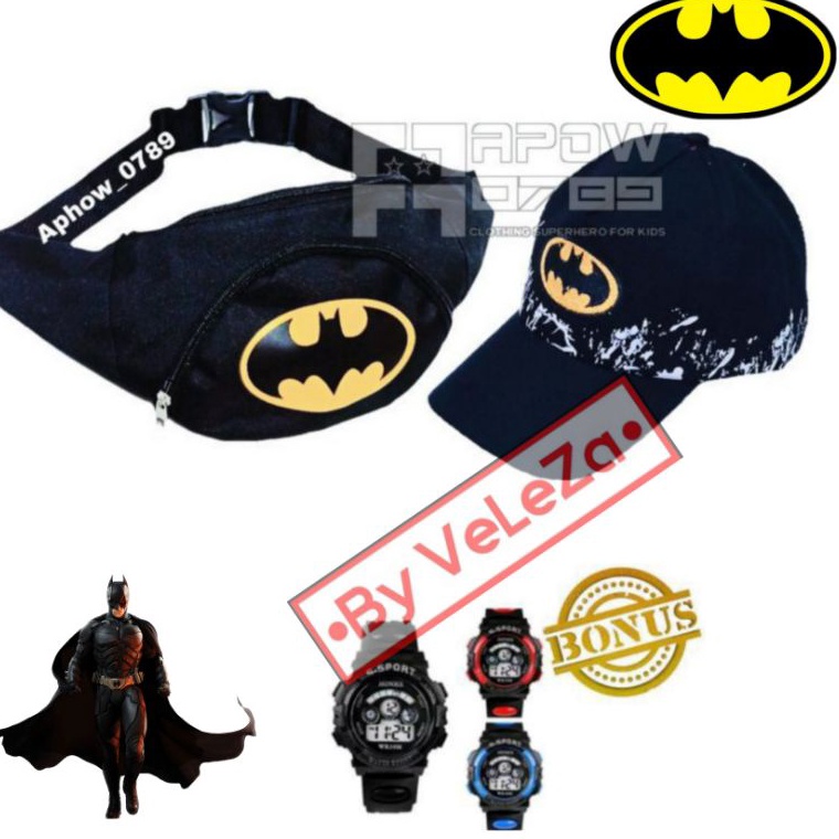 waistbag anak canvas karakter superhero 3in1  tas  topi  jam ART Y3I5