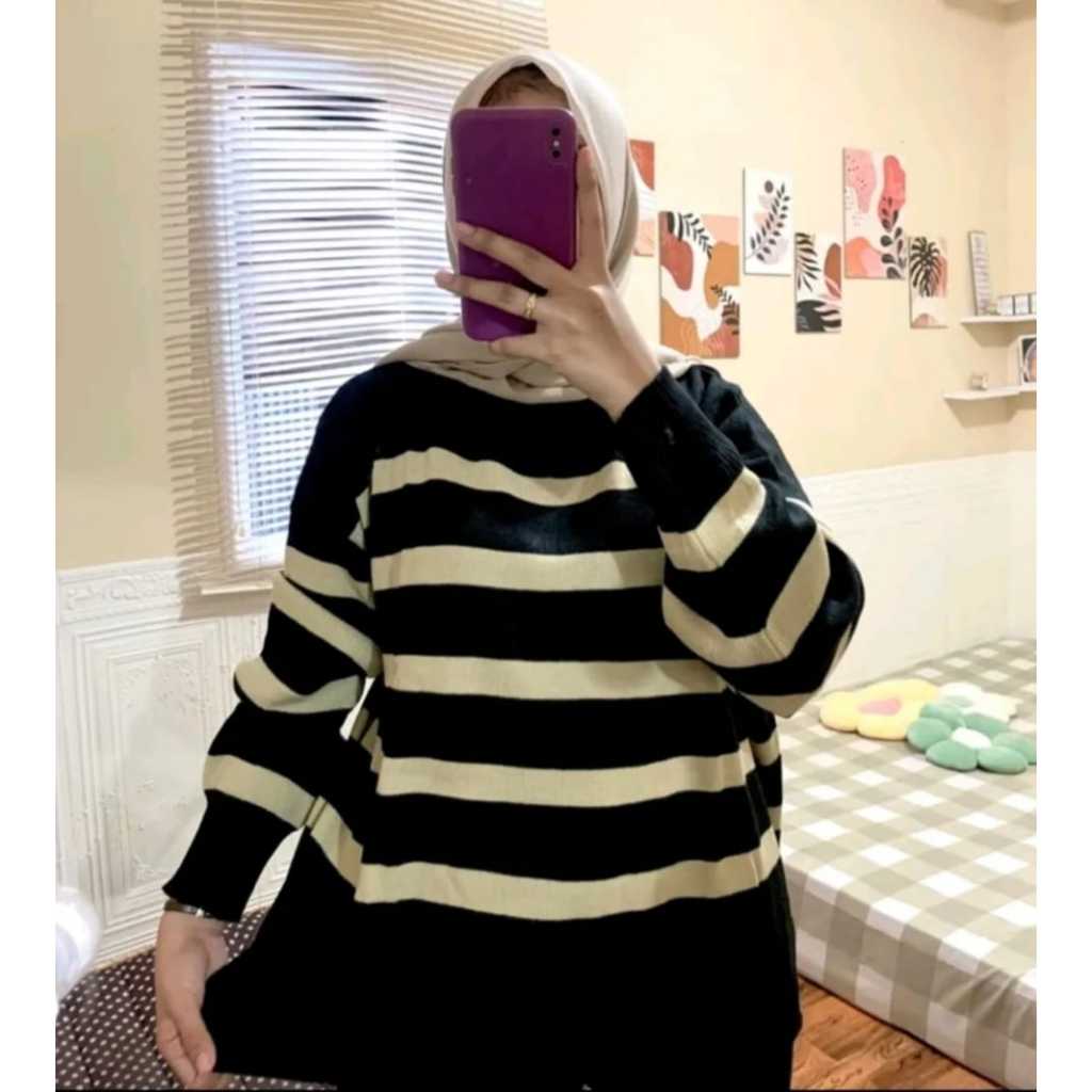 MAUDY SWEATER RAJUT STRIP OVERSIZE/ SWEATER RAJUT WANITA MOTIF GARIS