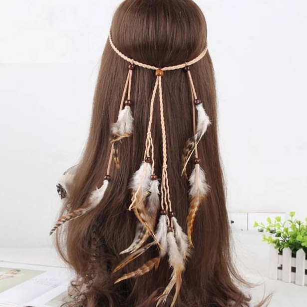 BOOMING Headband ikat Kepala Hiasan Rambut Bulu Merak Bulu Indian Boho Bohemian