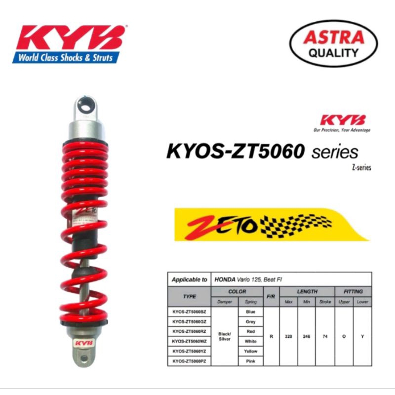 SHOCK BELAKANG MATIC VARIO 125,BEAT FI SCOOPY, ORIGINAL KYB ZETO ASTRA OTOPARTS KYOS-ZT5060R MERAH