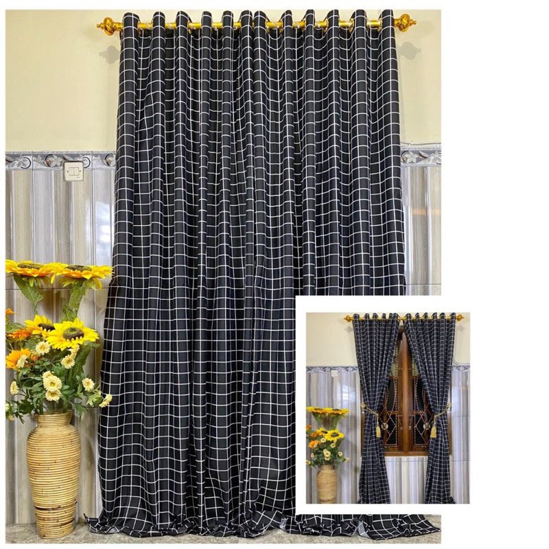 Gorden Jendela Smokring Motif Kotak Kotak Hitam Aesthetic Tirai Minimalis Keren Murah