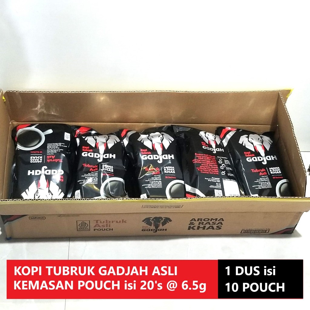 

Kopi Tubruk Gadjah asli sachet 6.5g - 1 DUS isi 10 pouch x 20 sachet @ 6.5g