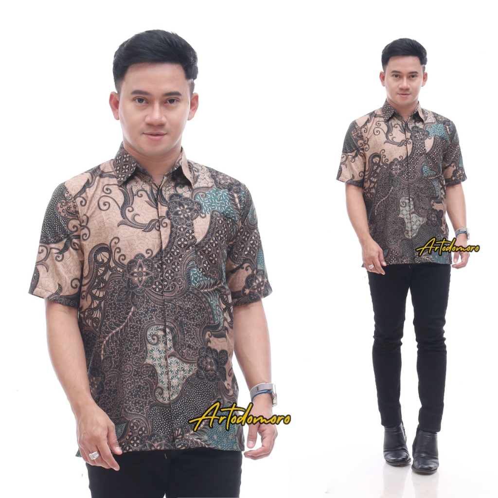 Artodomoro Kemeja Batik Pria Lengan Pendek Motif Flora Hijau Kombinasi Coklat