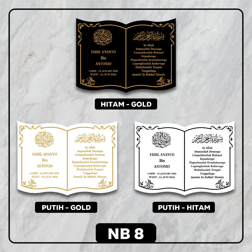 (SEHARI JADI) PAPAN NISAN ISLAM MODEL BUKU CUSTOM AKRILIK MAKAM / PRASASTI TULISAN UKIR NAMA / BATU 