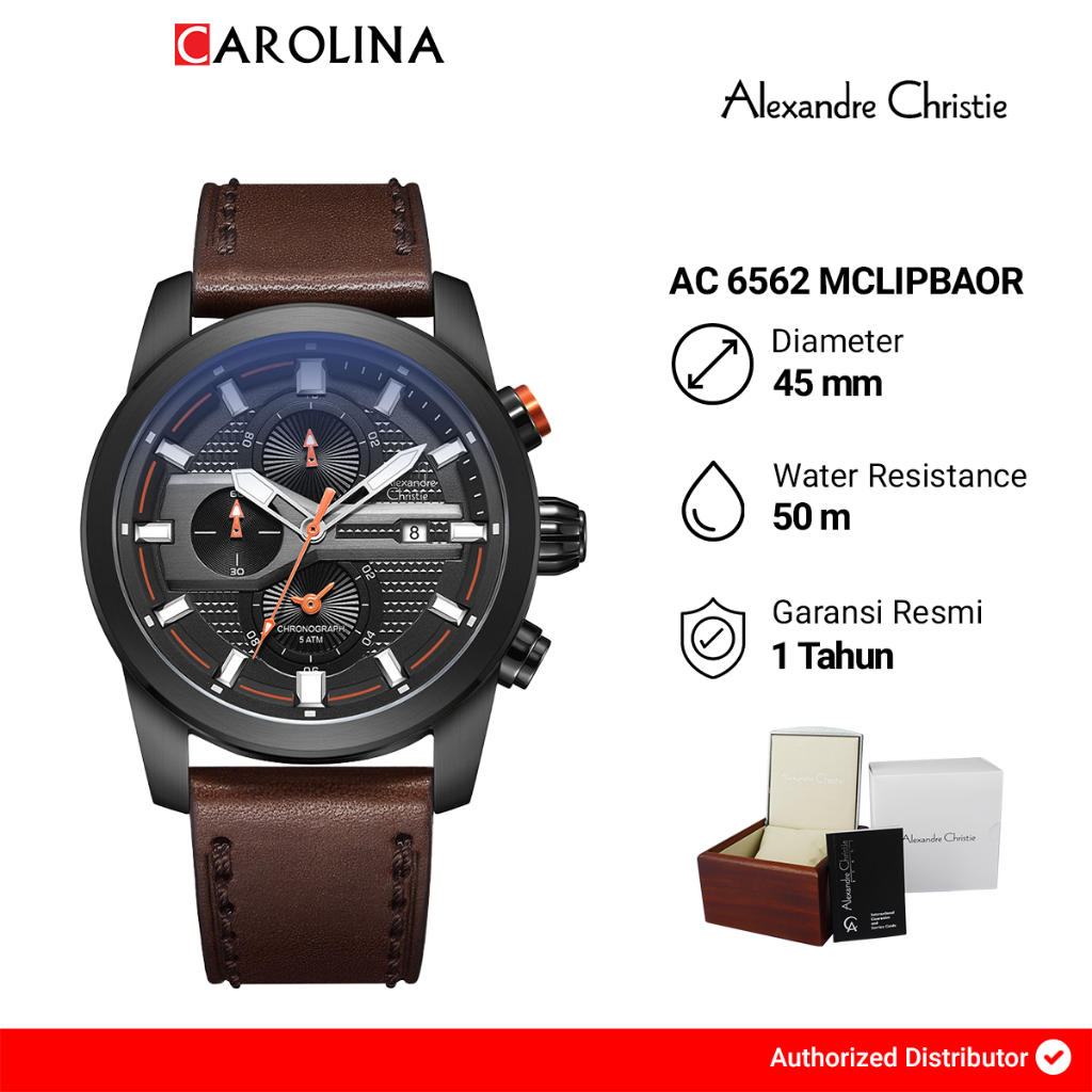 Jam Tangan Pria Alexandre Christie Chronograph AC 6562 MCLIPBAOR Black Dial Brown Leather Strap