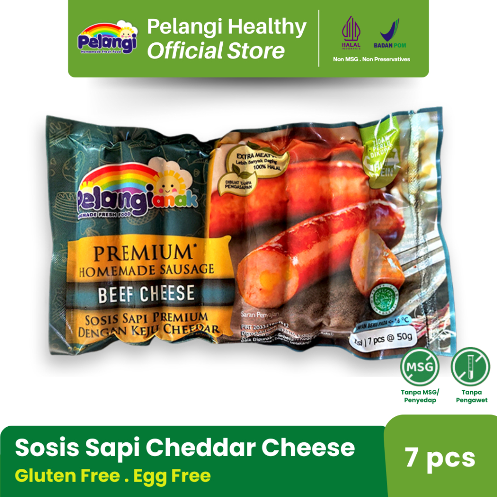 

PELANGI Sosis Sapi Keju Cheddar - Gluten Free Egg Free Dairy Free No MSG No Preservatives Halal BPOM