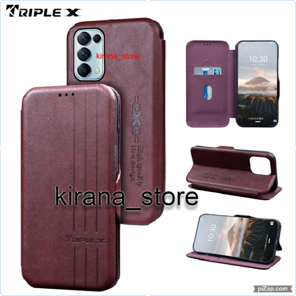 OPPO RENO 5 Flip Case Flip Motif Dompet Casing HP Flip Kulit Motif Garis Wallet Leather Cover