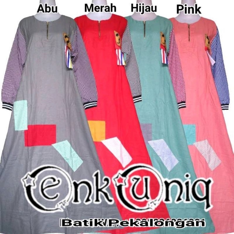 Gamis Resletting Katun Polos Kombinasi Kotak Longdress Bukaan Depan Pergelangan Karet GK12
