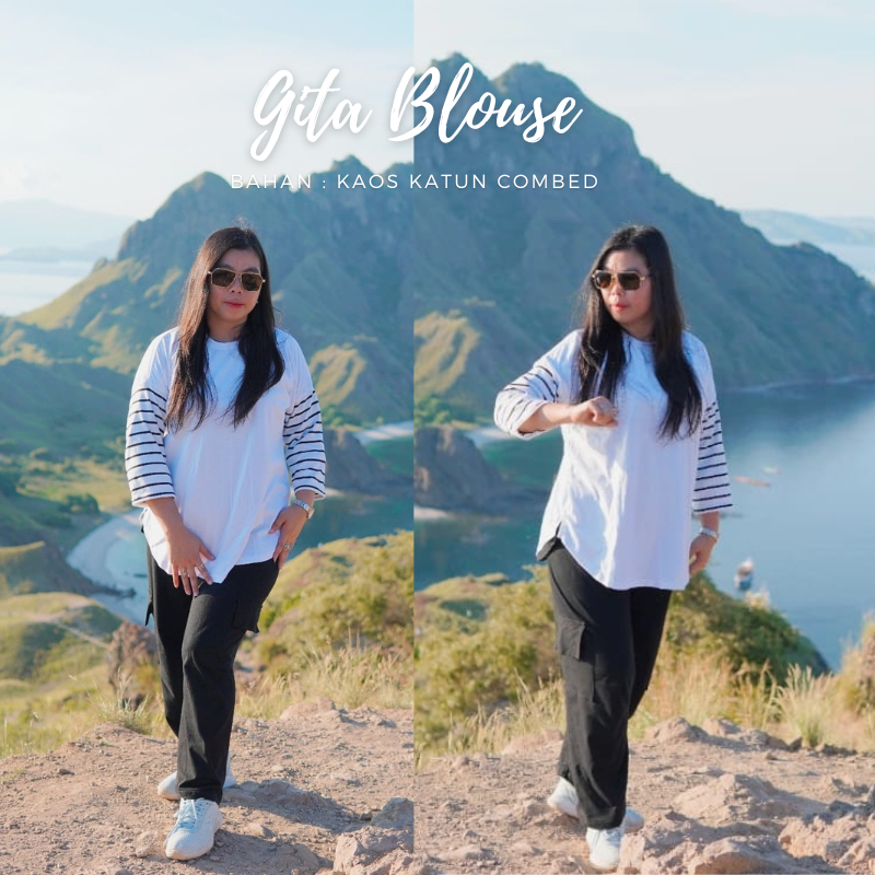 Baju Kaos Korean Style Gita Blouse Salur BO Size S M L XL XXL XXXL/3XL LD 90-130 cm Motif Salur Baha