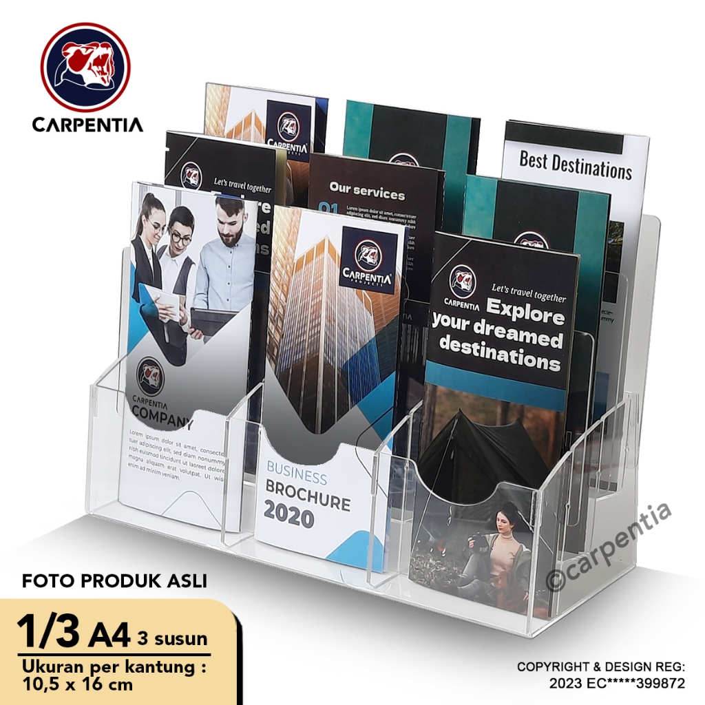 

Carpentia Tempat Brosur Akrilik 3 Tingkat [1/3 A4 - A6] Tipe E3 - 3 Susun [Acrylic Display Holder, Kantong Flyer, Standing]
