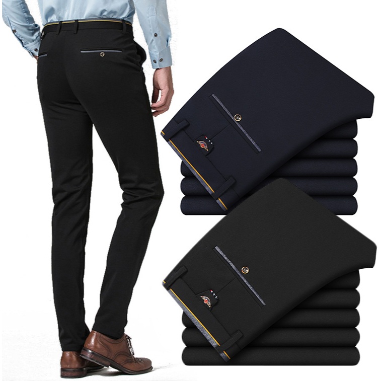 PROMO / BAHAN PREMIUM / Celana Slim Fit Pria Trousers Casual Pants Kantor Hitam Panjang Tipis Kain