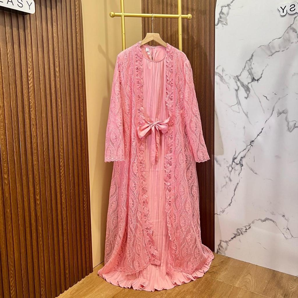 Orenji Soira PINK Dress Plisket Rompi Brukat