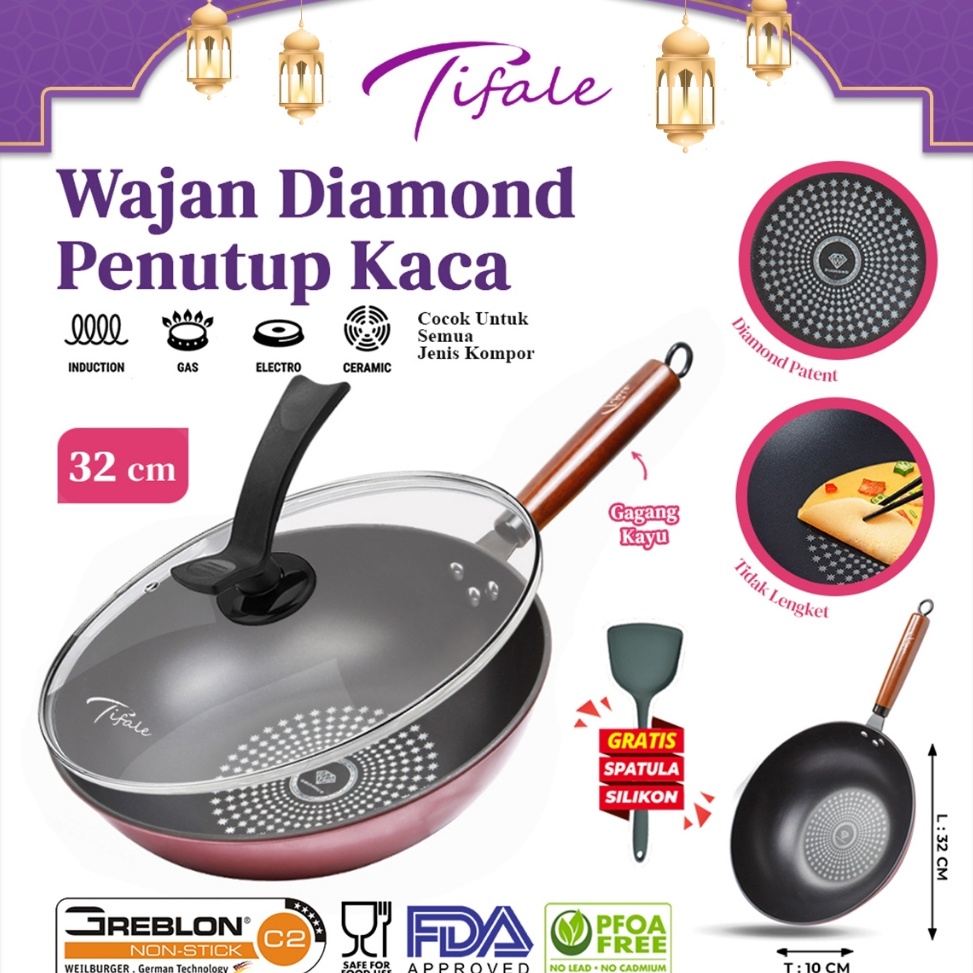 Terlaris READY STOCK Tifale Diamond Wok Pan Tutup Kaca Wajan Penggorengan Anti Lengket Batu Medis Uk