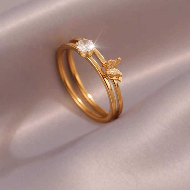 Cincin Wanita 2 in 1 Model Kupu Titanium Lapis Emas 23k Anti Karat Selamanya