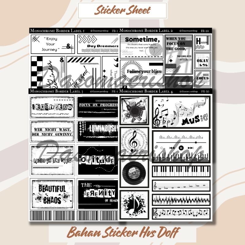 

Monochrome Border Label Sticker Sheet For Journal / Scrapbook