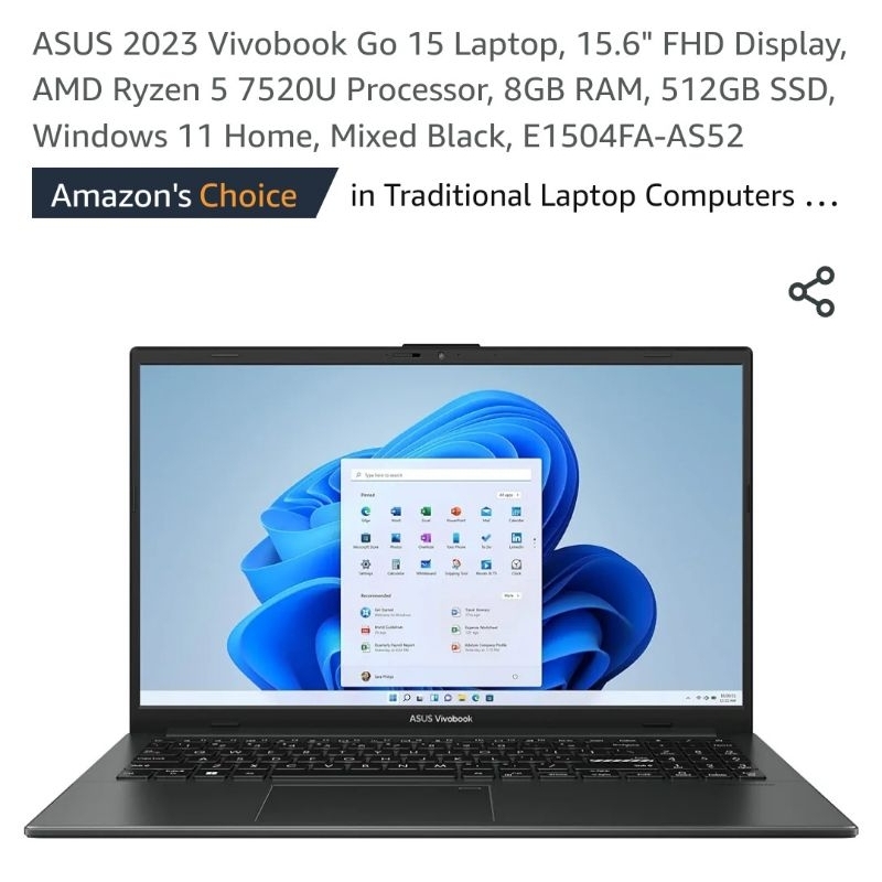 Laptop Asus Vivobook GO 15" FHD display, AMD Ryzen 5 7000 series, AMD Radeon. Ram 8Gb. (second/bekas