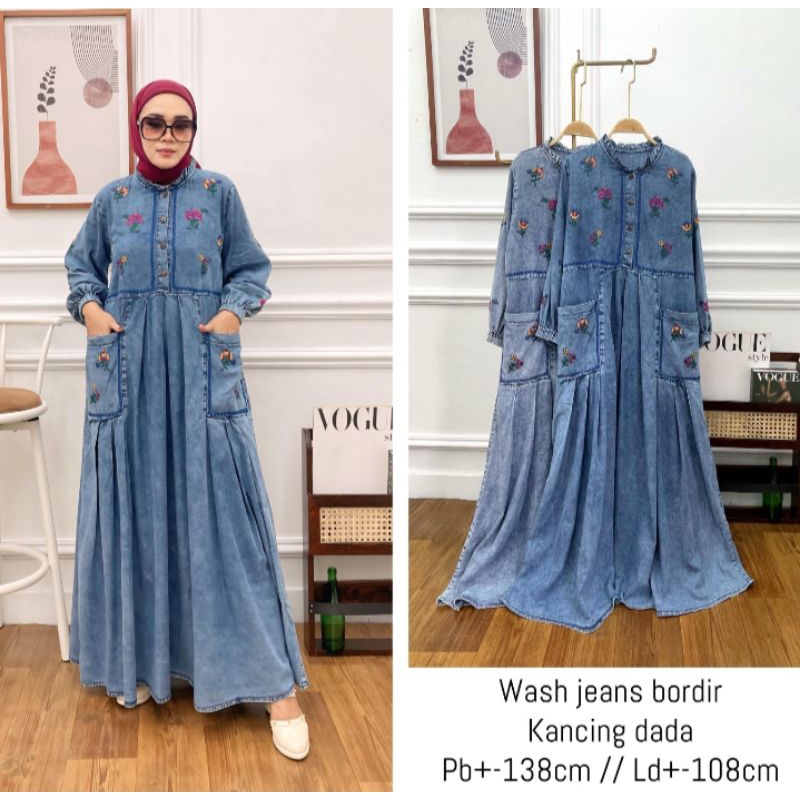 gamis jeans bordir fashion wanita modern (kode1901)