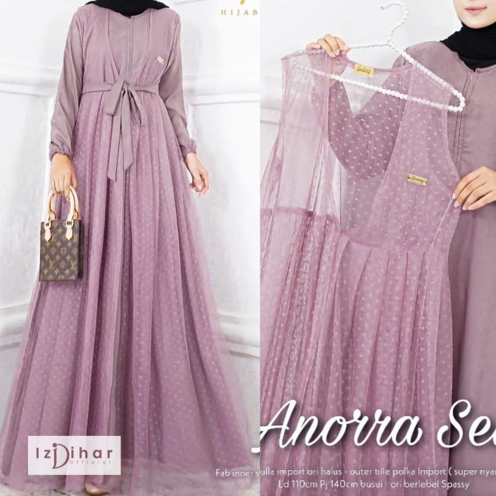 Anorra One Set Dress Long Outer Brukat Tille Dot Zipper Depan / Gamis Rompi Pisah Putih set Busui / 
