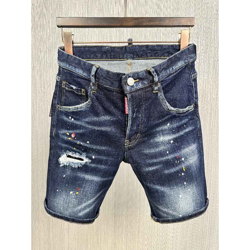DSQUARED2 Celana Pendek Denim Pria Robek Motif Pola Tertekan Retro Merek Trendi Eropa dan Amerika Ce