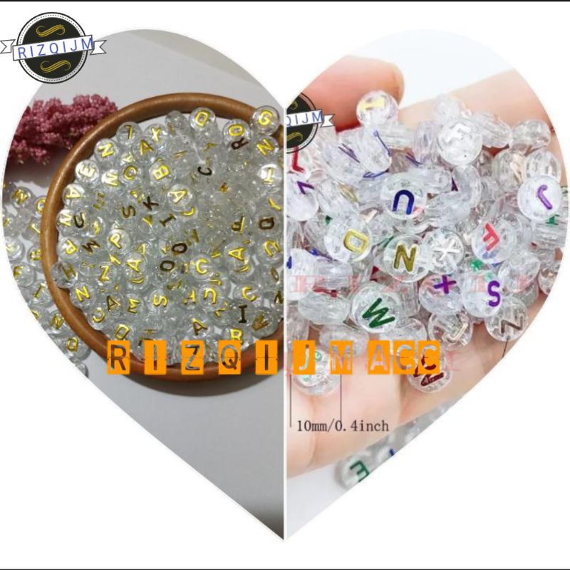 (50pcs) Manik Mote Huruf Bulat Besar Transfaran  Manik Huruf Akrilik