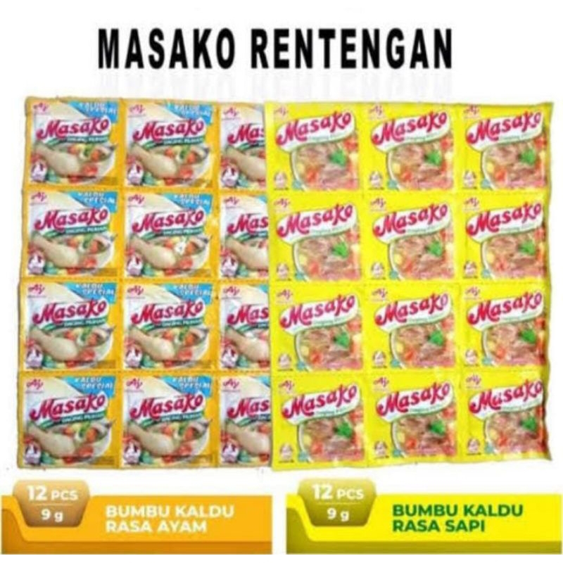 

Masako Bumbu Kaldu rasa Sapi / Ayam Rencengan isi 12pc/Sedaap Bumbu kaldu Sapi rentengan (isi 18pc) 9gr