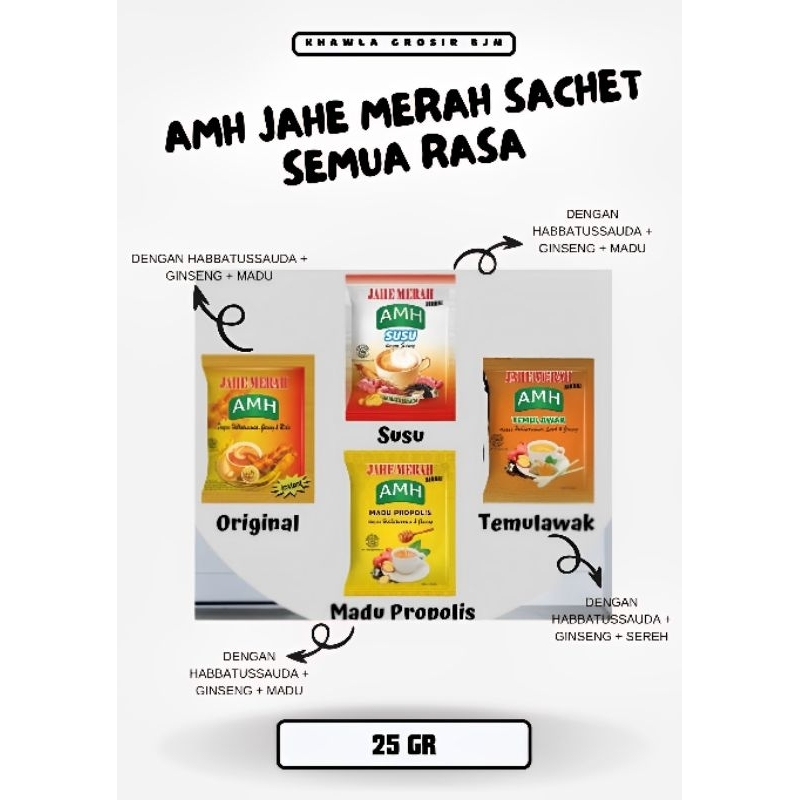 

AMH JAHE MERAH PLUS MADU PROPOLIS HABBATUSSAUDA GINSENG SUSU TEMULAWAK 25 GR DENGAN SEGALA MANFAAT