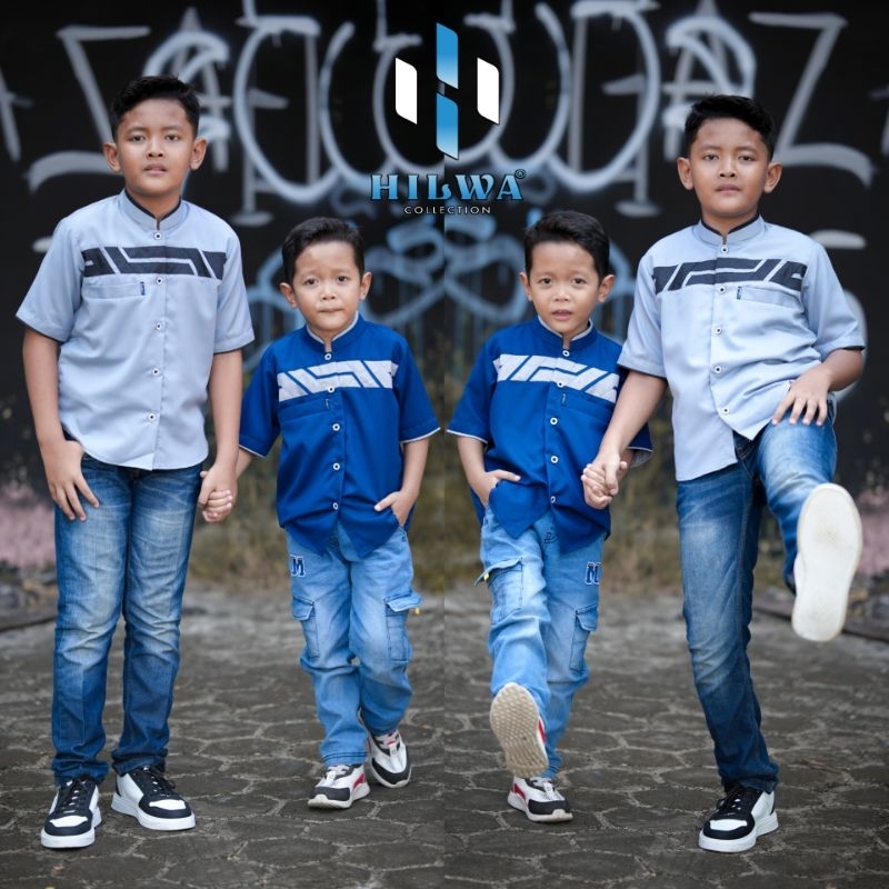 Baju Koko Anak Hilwa Collection Motif Mirror Usia 6-14 Tahun Matt Katun Toyobo