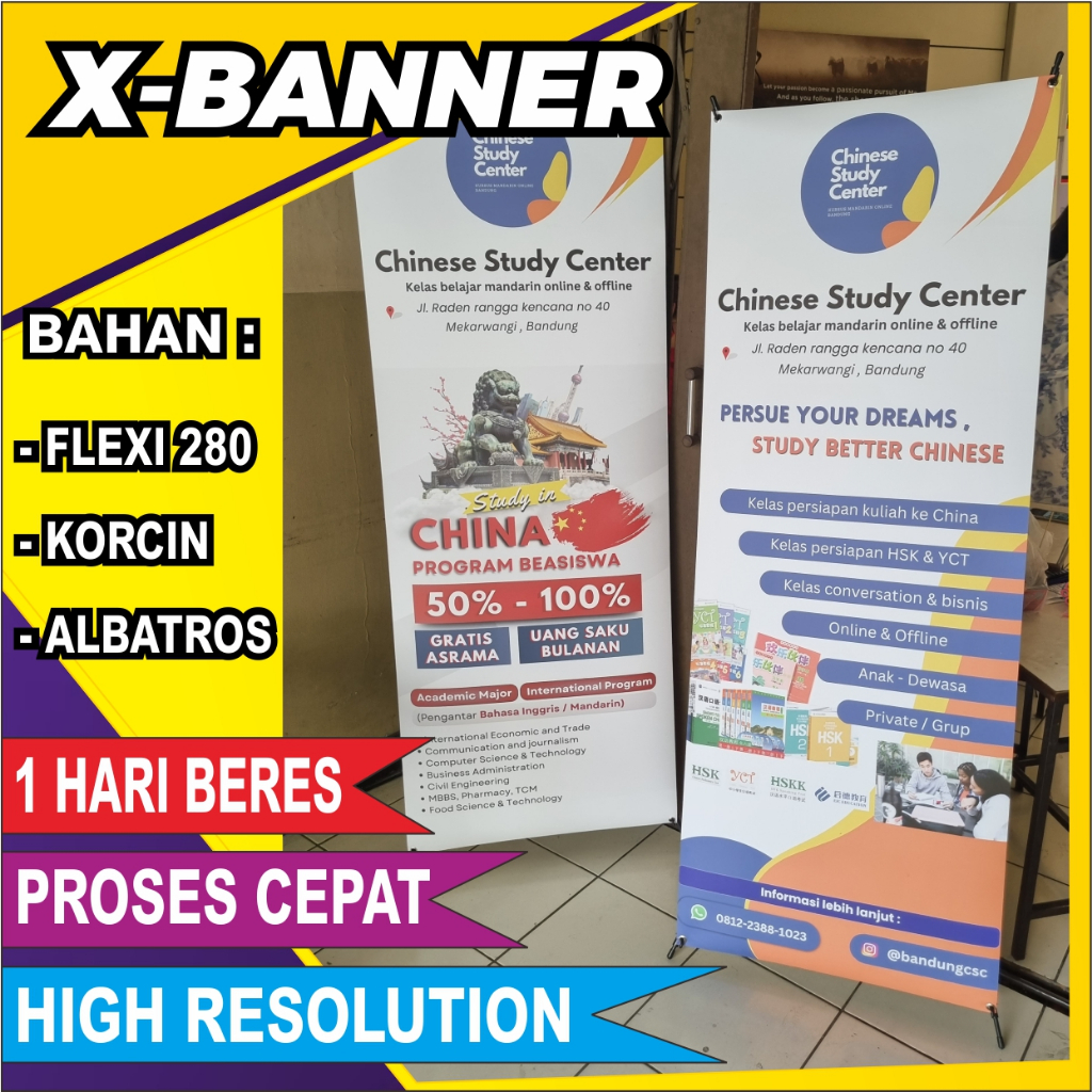 PAKET X-BANNER FREE DESAIN | X BANNER WISUDA | X-BANNER USAHA | X-BANNER PROMOSI TOKO | X BANNER 160X60 CM  | X- BANNER 200X80 CM | X-BANNER BAHAN  FLEXI, KORCIN, ALBATROS PLUS TIANG UKURAN 160X60 CM