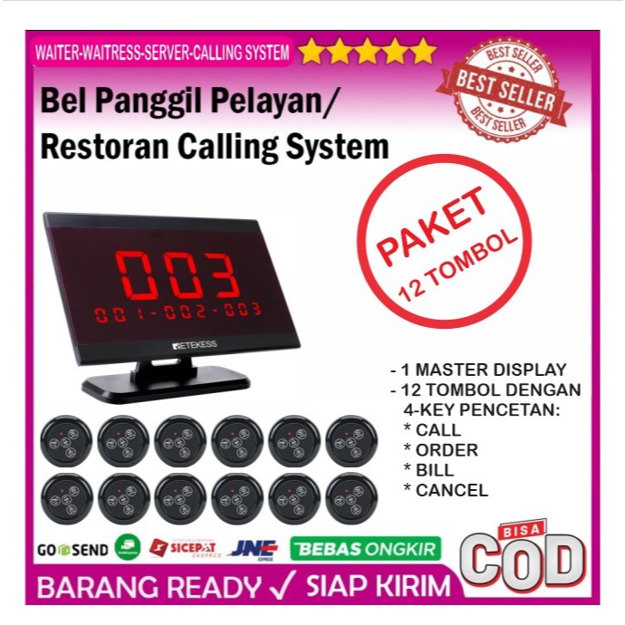 Bel Panggil Pelayan Restoran 1 Display 12 Tombol Meja - Wireless Restaurant Calling System 1 Display