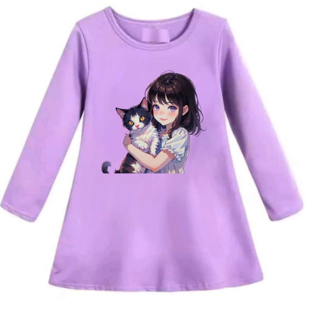 Tunik Dress motif Gambar DTF kartun cat anak   Perempuan Oblong Lengan Panjang AtasanUsia 1-13 Tahun