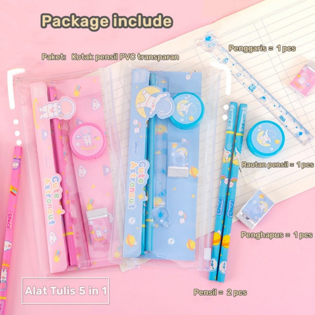 

Alat tulis astronot lucu FREE POUCH Istimewa paket kartun Alat tulis 5in1 Pensil Penggaris Penghapus Serutan stationery set untuk sekolah kantor belajar Souvenir ulang tahun kado anak Birthday gift