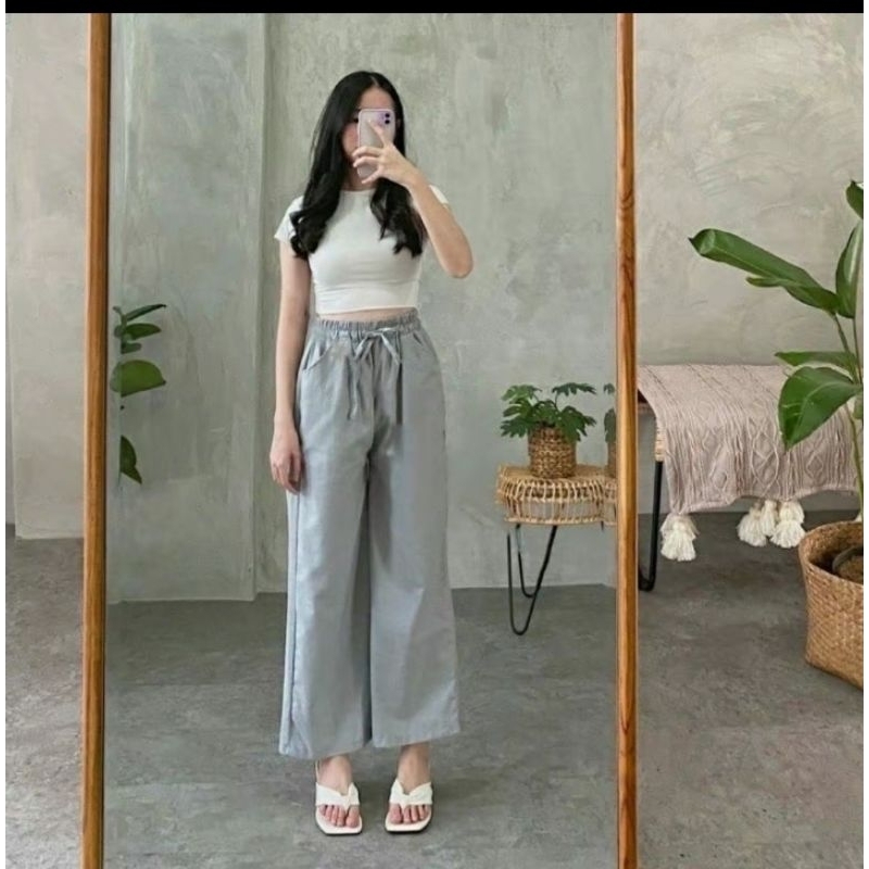 CELANA KULOT LINEN HIGHWAST PINGANG FULL KARET ALL SIZE FULL TALI