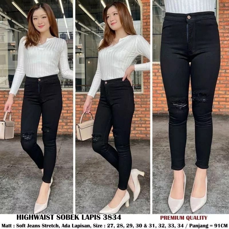 CELANA PANJANG CELANA WANITA HIGHWAIST HITAM SOBEK HW JUMBO