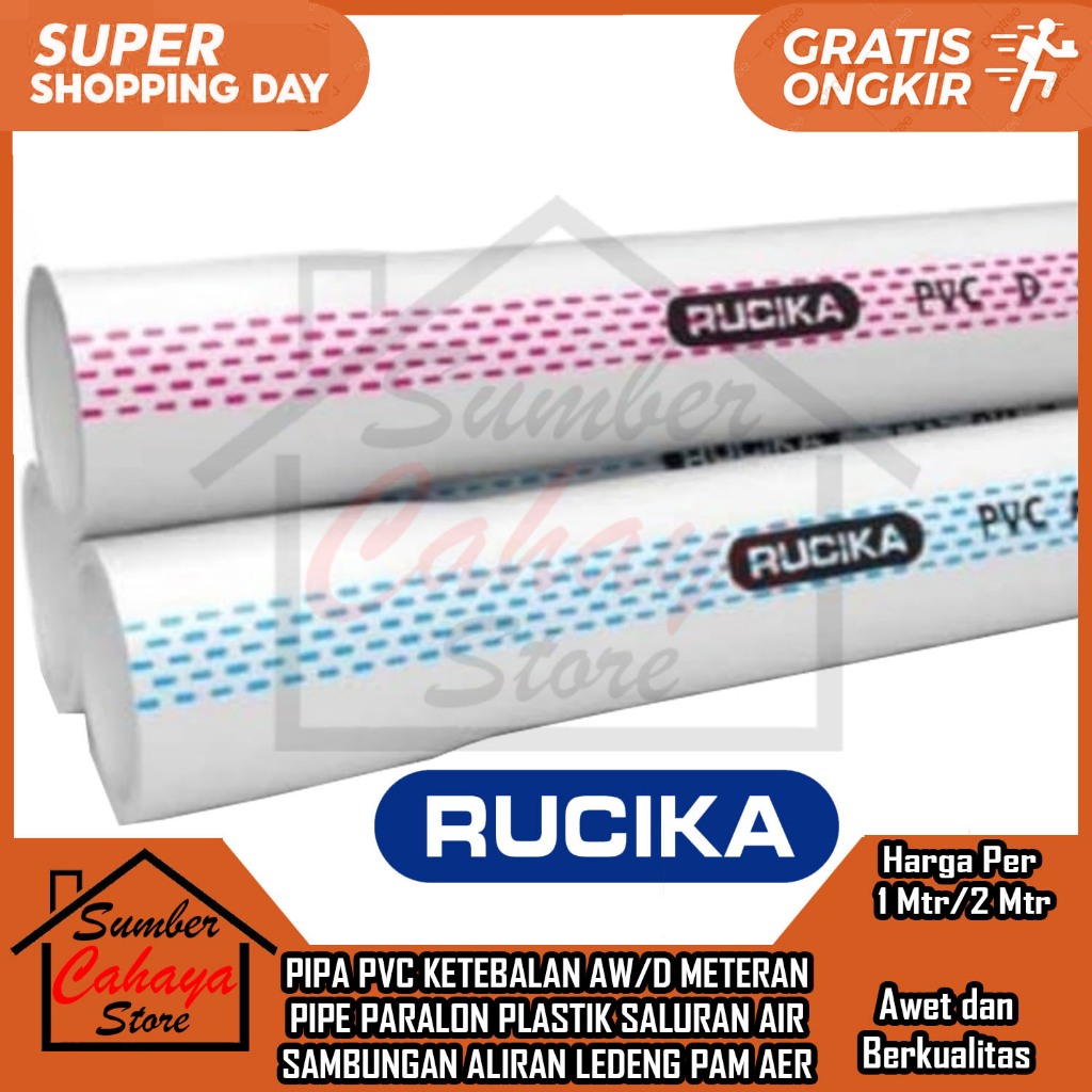 PIPA 3/4" AW METERAN PVC RUCIKA PUTIH 1 2 METER PARALON PRALON LEDENG PIPE PLASTIK PELASTIK PERALON 