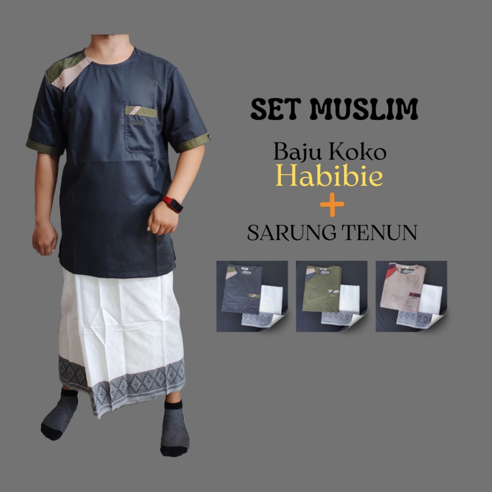 ART U83D Setelan Baju Muslim  Set Sarung Baju Koko Pendek Habibie  Kemeja Koko TOYOBO  Sarung Tenun 
