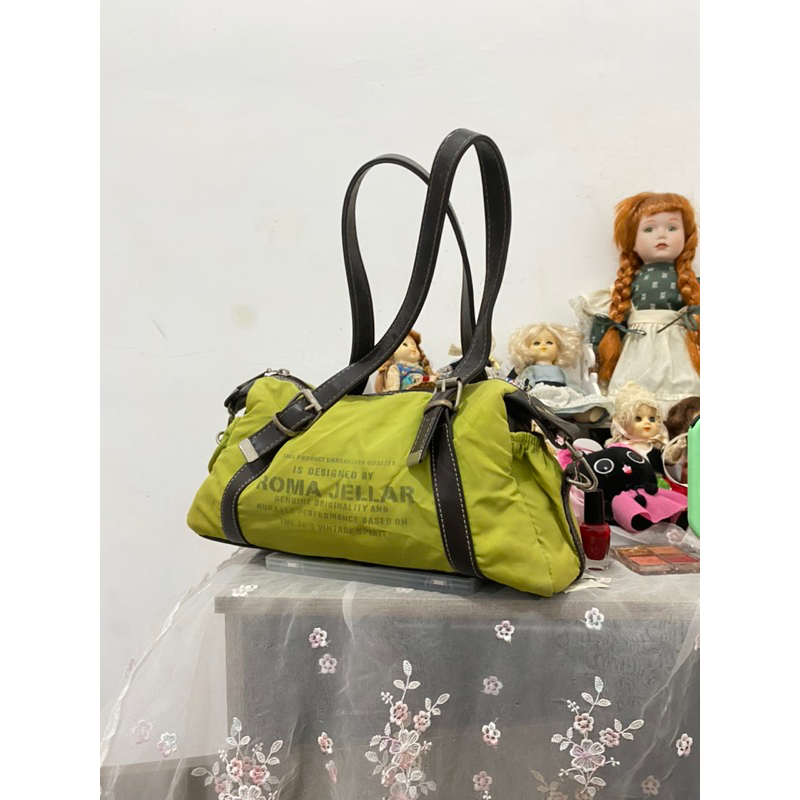 Designer Roma Jellar 70s Vintage Nylon Y2k Bowling Handbag Baguette Tessuto Easy Shoulder Bag in Lime Green Tas Bahu Aesthetic Hijau