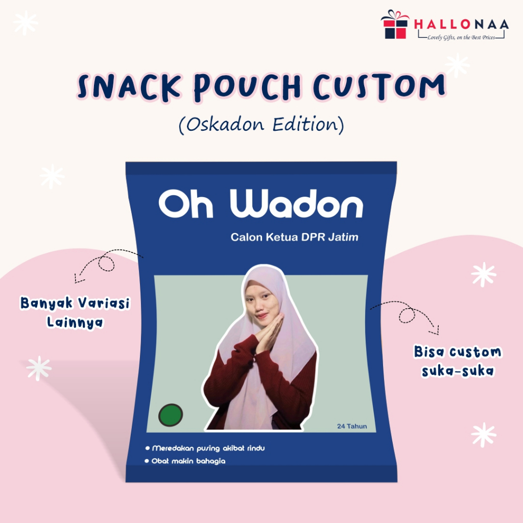 

SNACK POUCH CUSTOM | CUSTOM FOTO DAN TEXT | CUSTOM ALA OSKADON | HALLONAASTORE