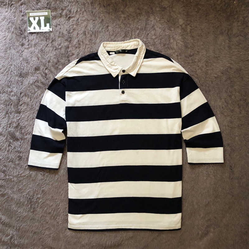 Polo Lengan Panjang Litmus Rugby Salur Strip Hitam Putih - Size XL