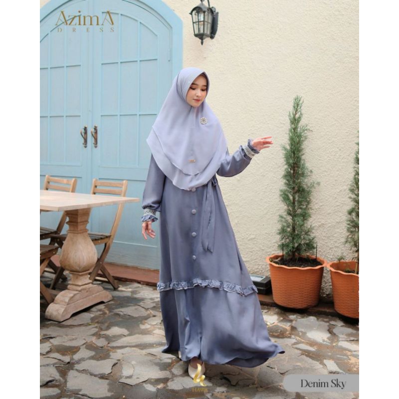 READY STOCK SISP KIRIM AZIMA DRESS SET KHIMAR SIZE XXL (Denim Sky) BY HAWA