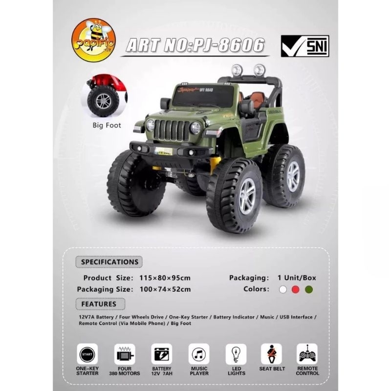 Mainan Mobil Aki Anak Pasific Jeep BigFoot PJ8606, Pacific PJ8602