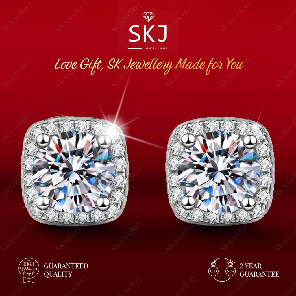 SK Jewellery - Garansi 2 Tahun  -  Anting Perhiasan Penuh Permata  1 Carat  Perak Lapis Emas  18K  A