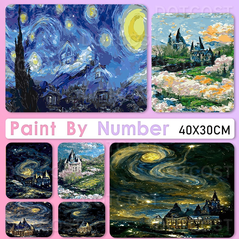 

paint by number starry night With Frame 3x4cmpaint by number DIY Nomor Lukisan Minyak Lukisan Tangan Mewarnai Lukisan Minyak Van Gogh Hogwarts Buatan Tangan Menggantung Lukisan392 ART H5X9