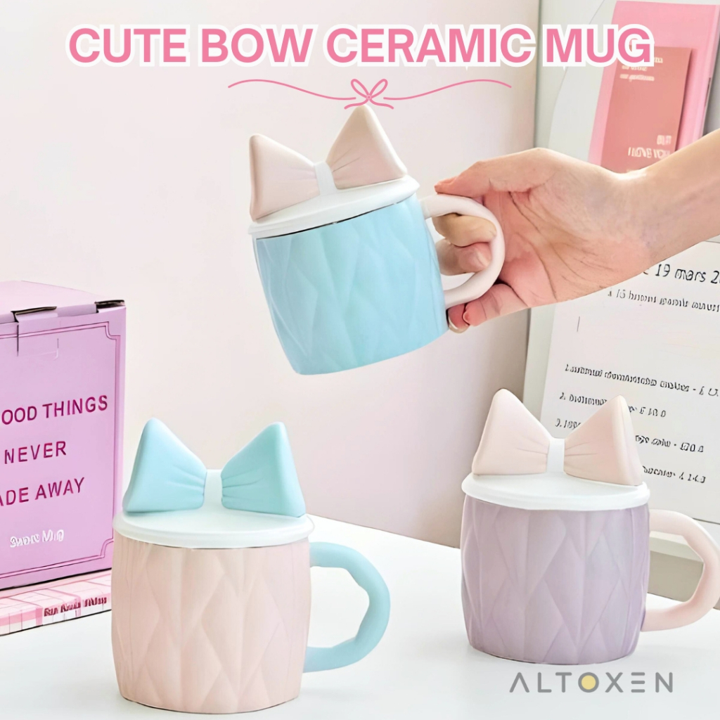 Cangkir Keramik Pastel Gaya Korea Cantik Estetik Tutup Pita Cute Bow Lid Ceramic Mug